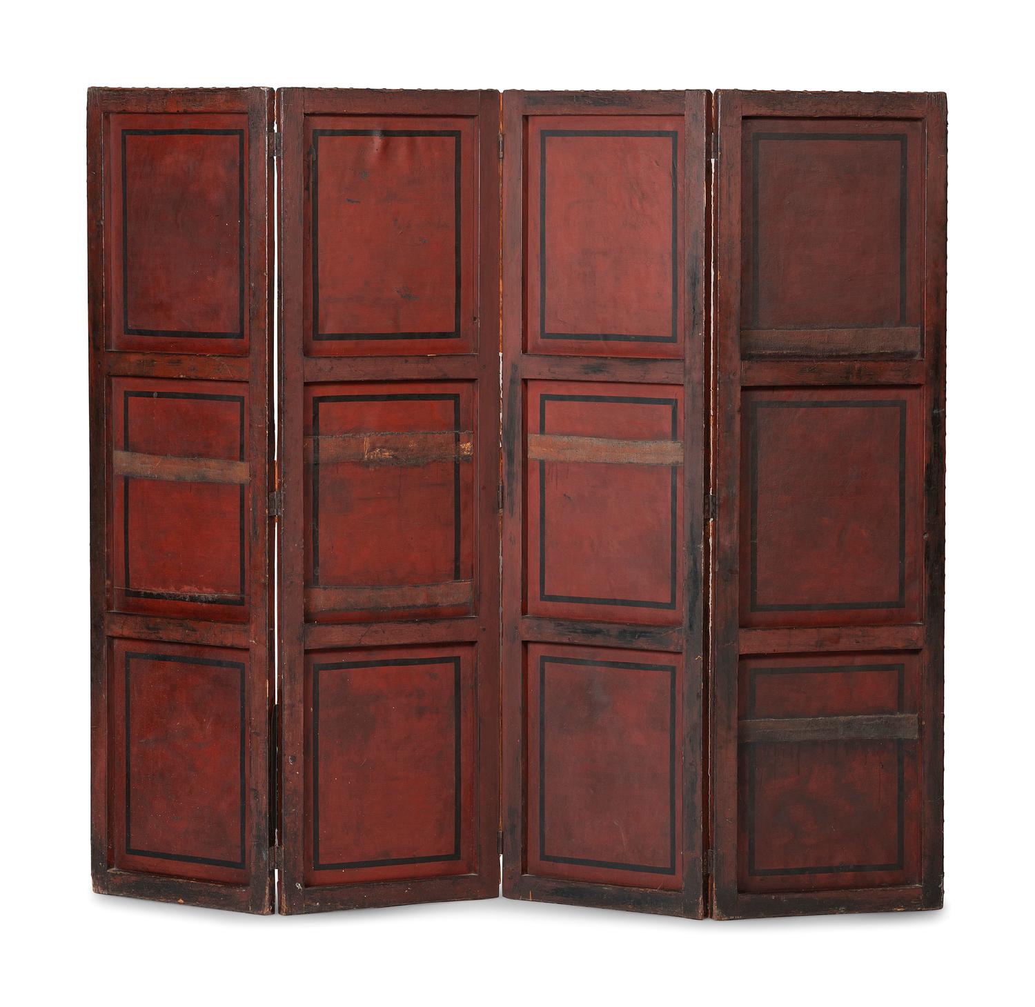 A Four Panel Chinoiserie Decorated Leather Folding Screen