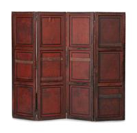 A Four Panel Chinoiserie Decorated Leather Folding Screen
