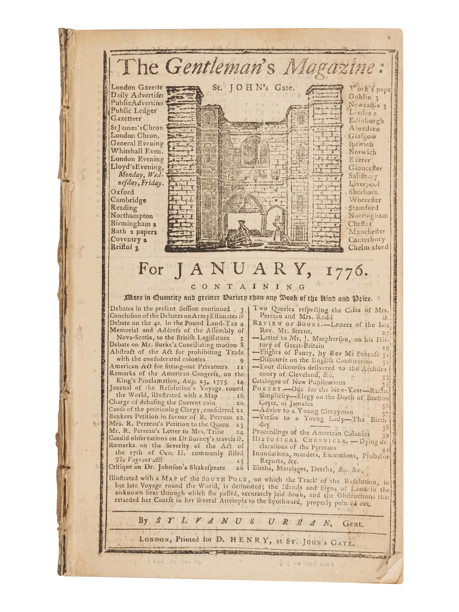 [REVOLUTIONARY WAR]. SYLVANUS URBAN, pseud. The Gentleman's Magazine . London: David Henry, Jan. 1776.