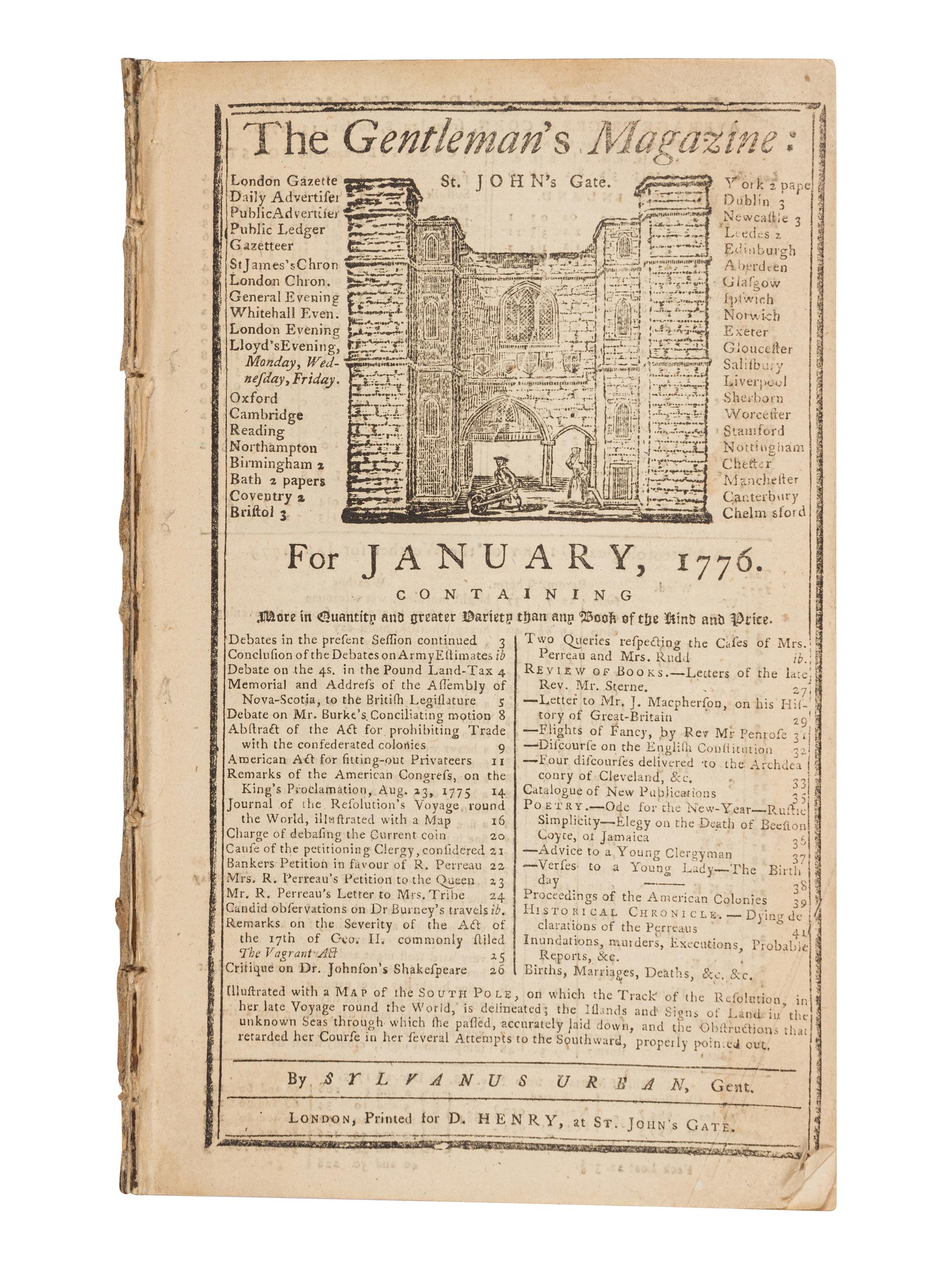 [REVOLUTIONARY WAR]. SYLVANUS URBAN, pseud. The Gentleman's Magazine . London: David Henry, Jan. 1776.