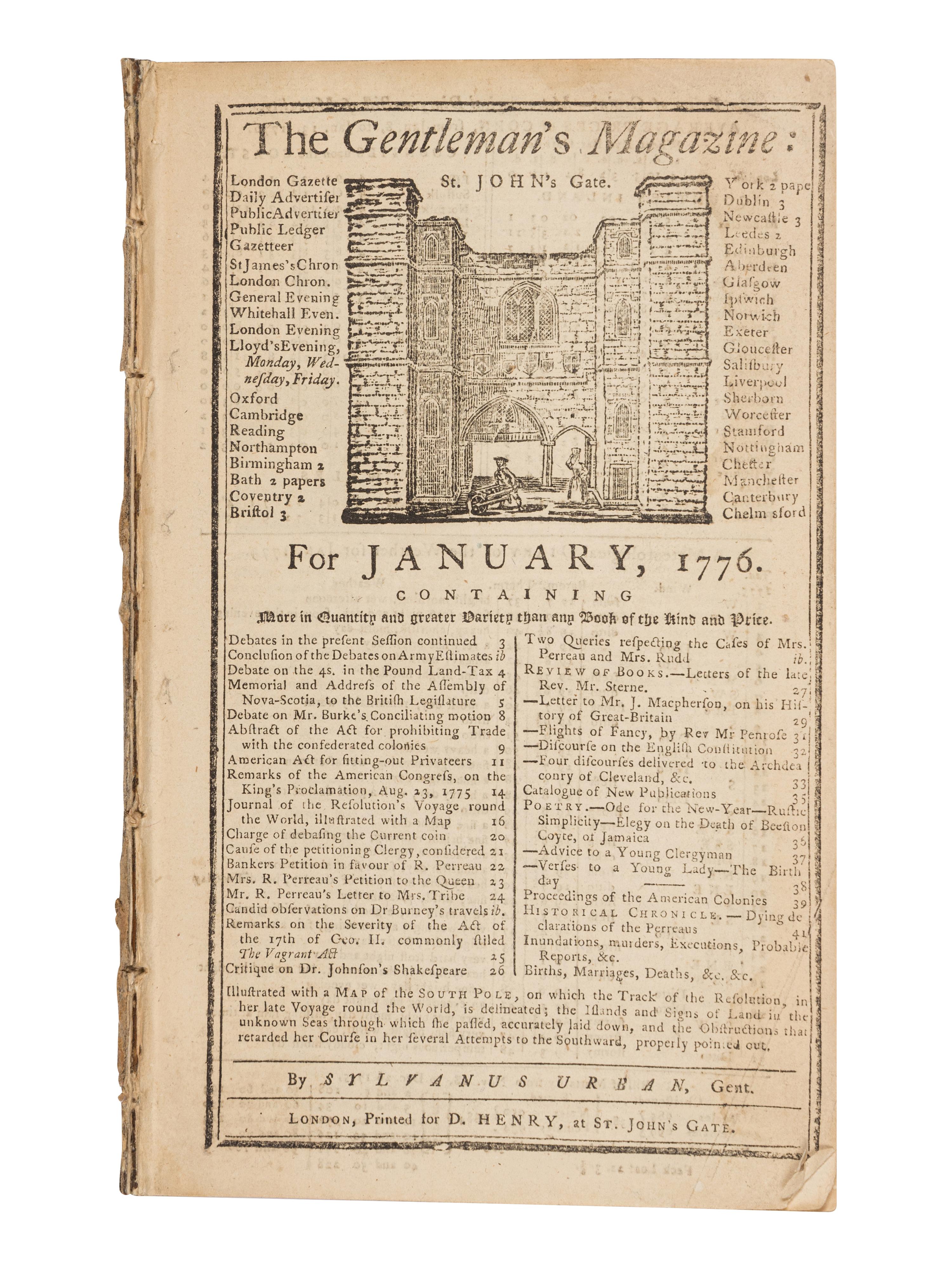 [REVOLUTIONARY WAR]. SYLVANUS URBAN, pseud. The Gentleman's Magazine . London: David Henry, Jan. 1776.