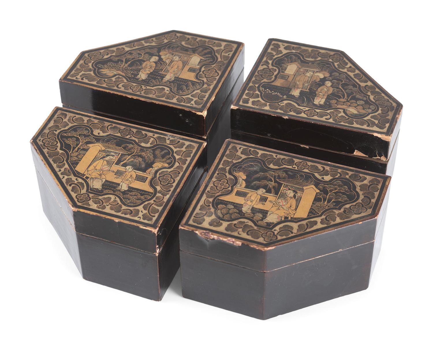 A Set of Regency Parcel-Gilt and Black Lacquered Jewelry Boxes