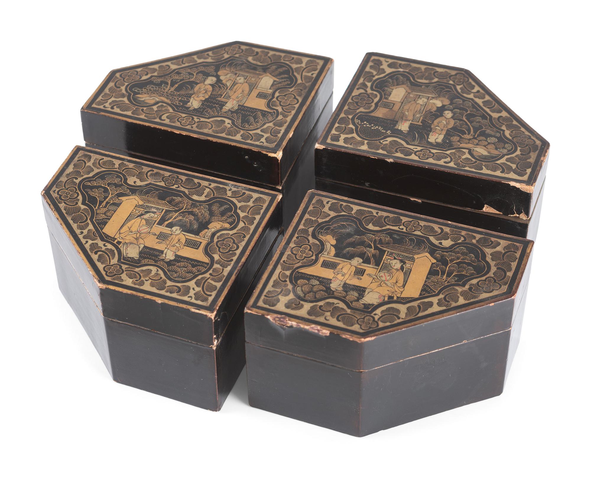 A Set of Regency Parcel-Gilt and Black Lacquered Jewelry Boxes