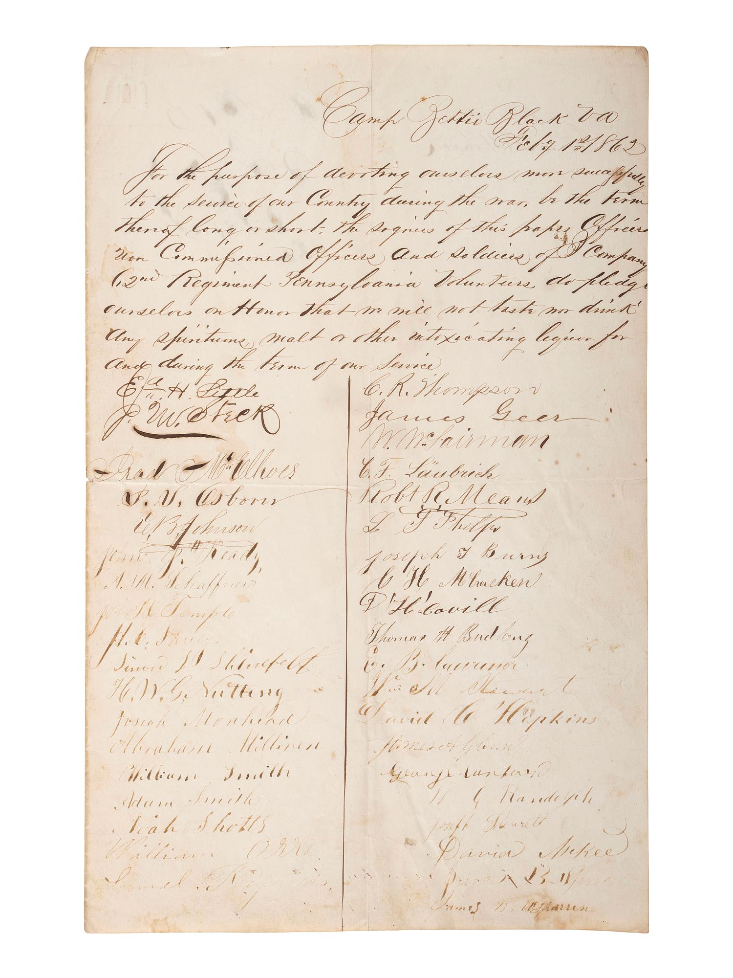 [CIVIL WAR]. 62nd Pennsylvania temperance oath. Camp Bettie Black, VA, 1 February 1862.