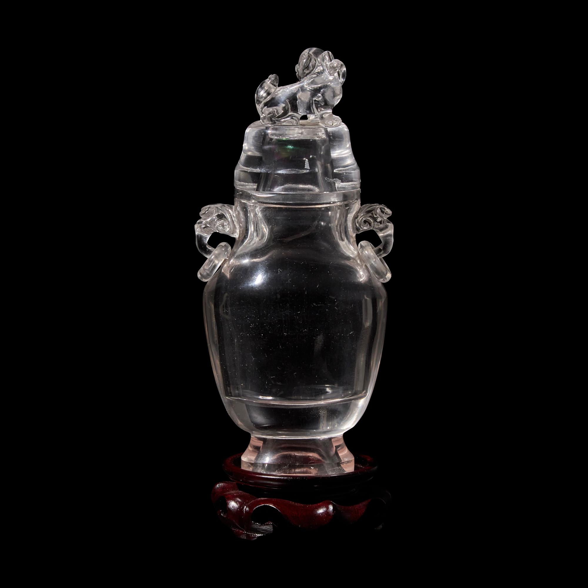 A Chinese Rock Crystal Vase and Cover, 19th-20th Century 晚清-民國 水晶活環耳獅鈕賞瓶