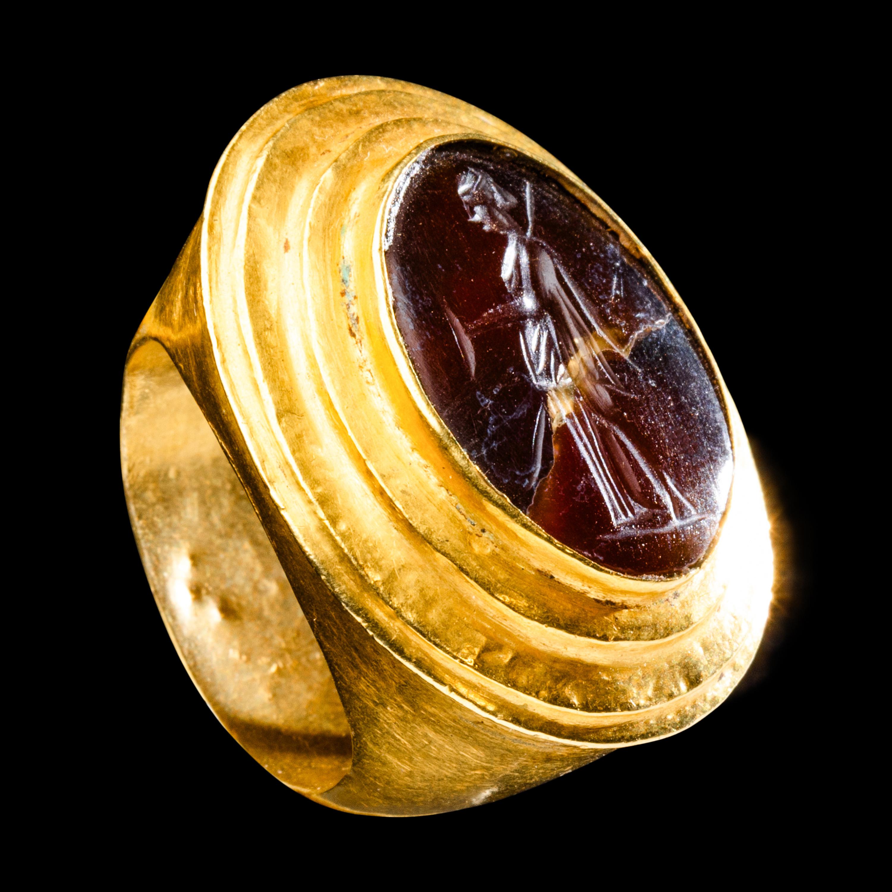A Greek Gold and Carnelian Finger Ring with the Goddess Artemis