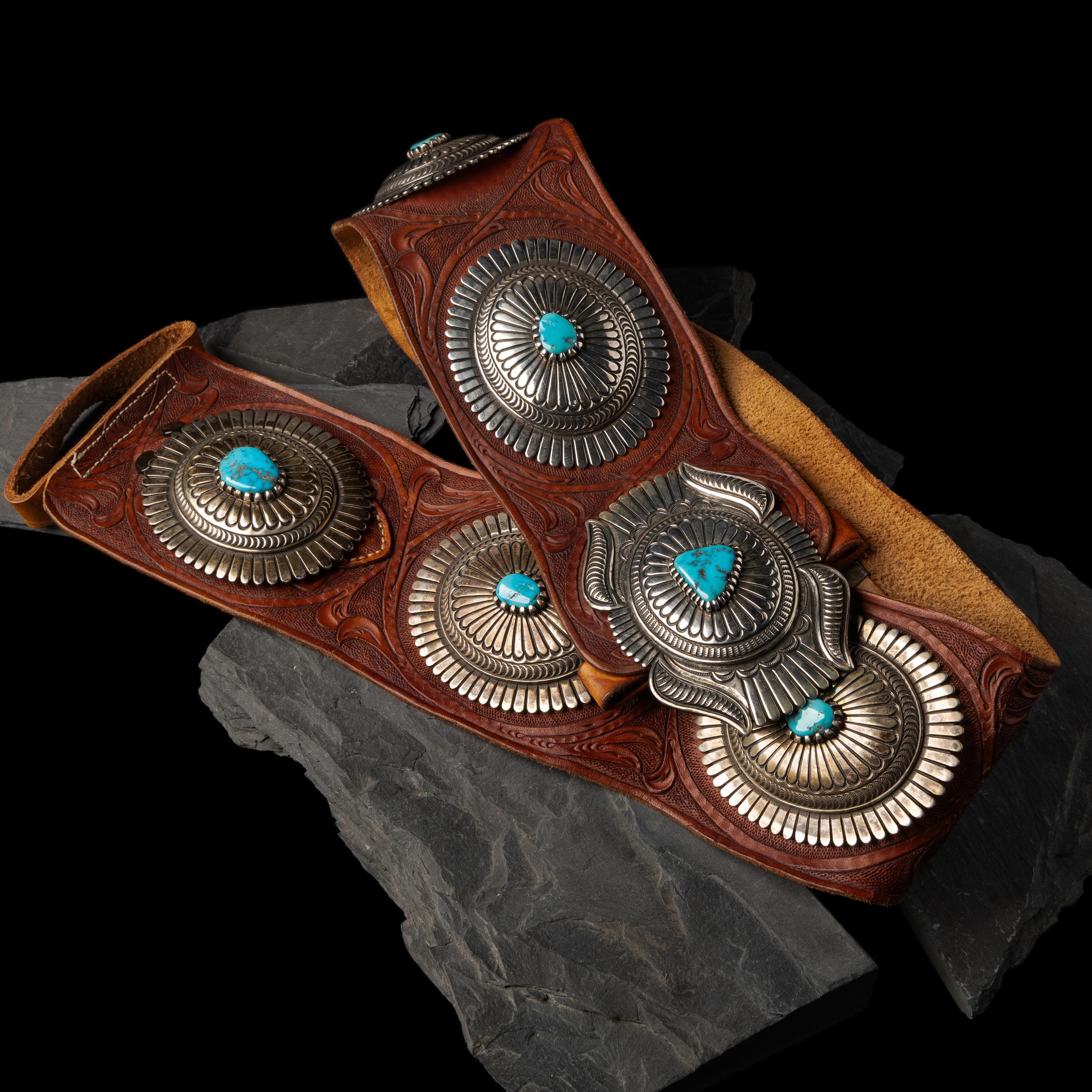 Thomas Curtis (Diné, 1942-2013 — Large Sterling Silver and Turquoise Concha Belt, with Tooled Leather Strap