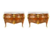 A Pair of Louis XV Style Gilt Bronze Mounted Marble-Top Commodes