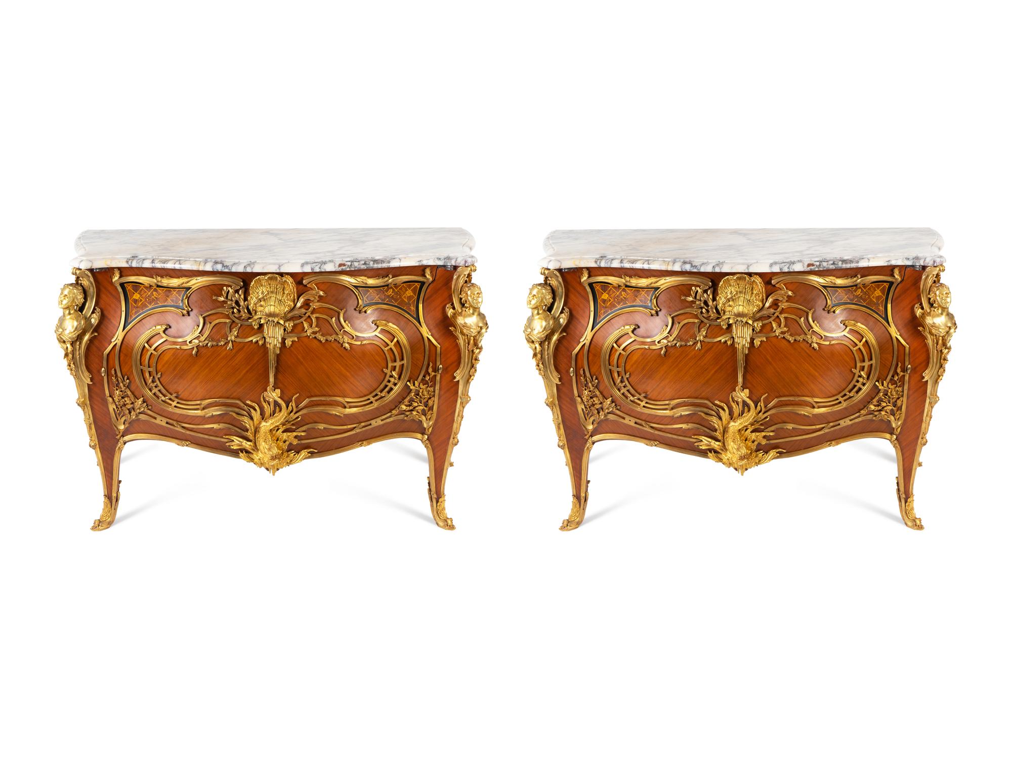A Pair of Louis XV Style Gilt Bronze Mounted Marble-Top Commodes