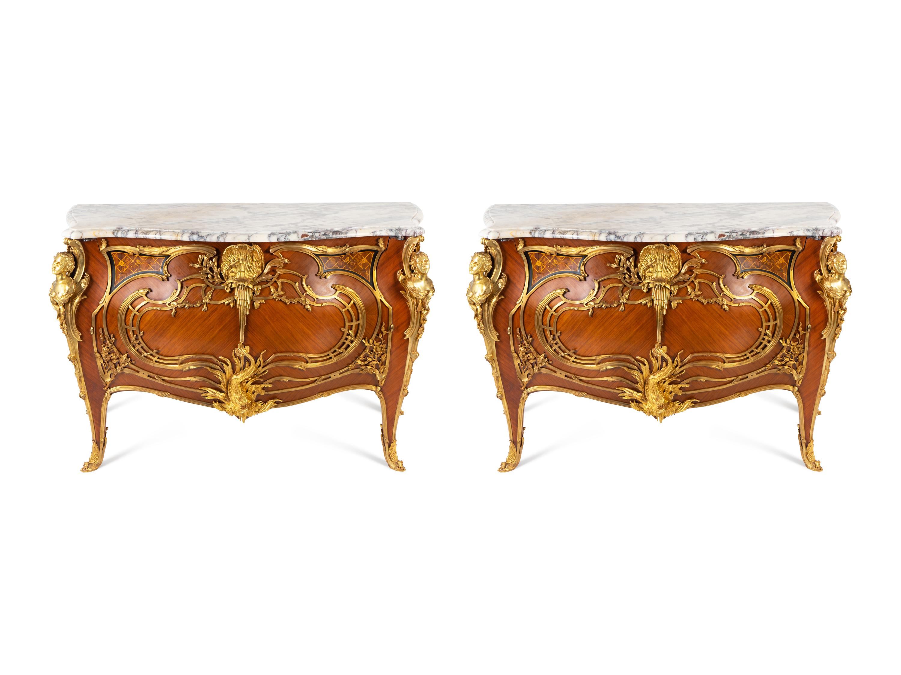 A Pair of Louis XV Style Gilt Bronze Mounted Marble-Top Commodes