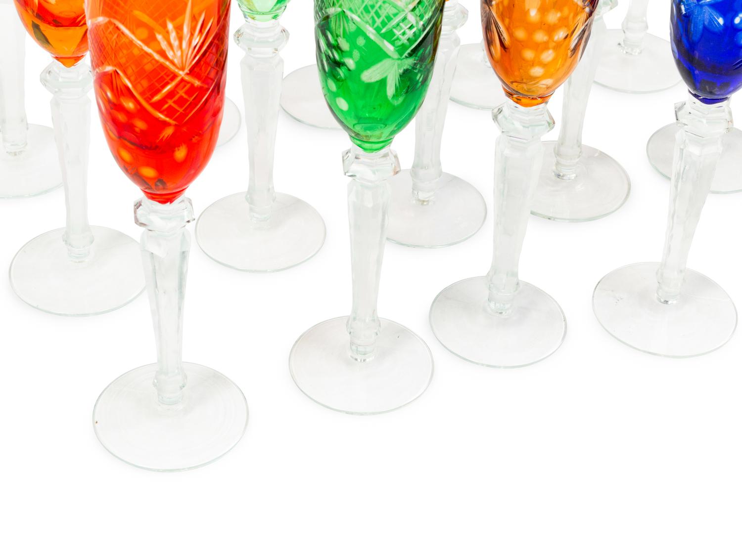 A Set of Eighteen Colored Cut-to-Clear Glass Goblets