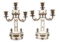 A Pair of Louis XVI Style Gilt Bronze Mounted White Marble Candelabra Height 15 x width 10 x depth 4 inches. — 19TH CENTURY