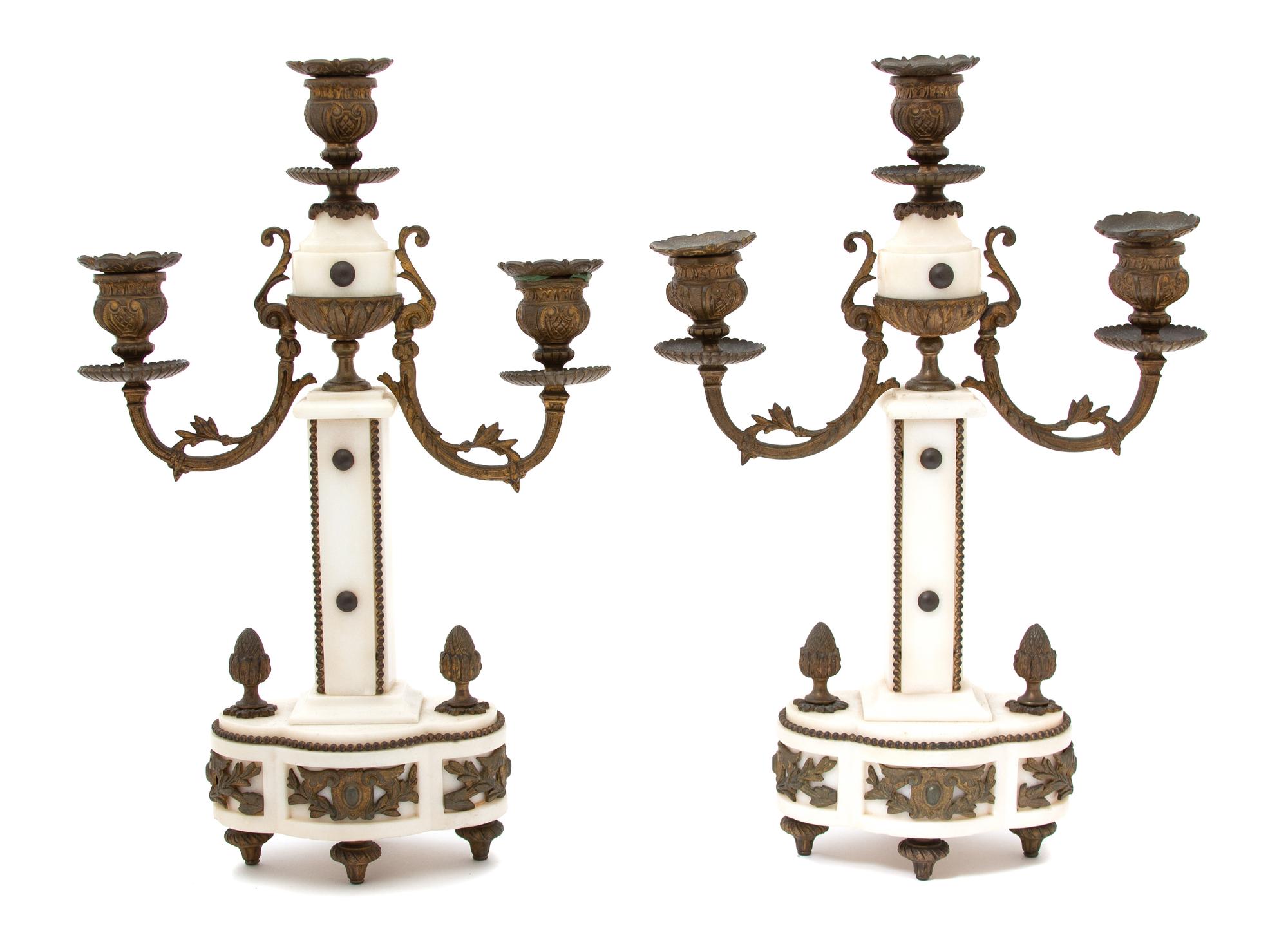 A Pair of Louis XVI Style Gilt Bronze Mounted White Marble Candelabra Height 15 x width 10 x depth 4 inches. — 19TH CENTURY