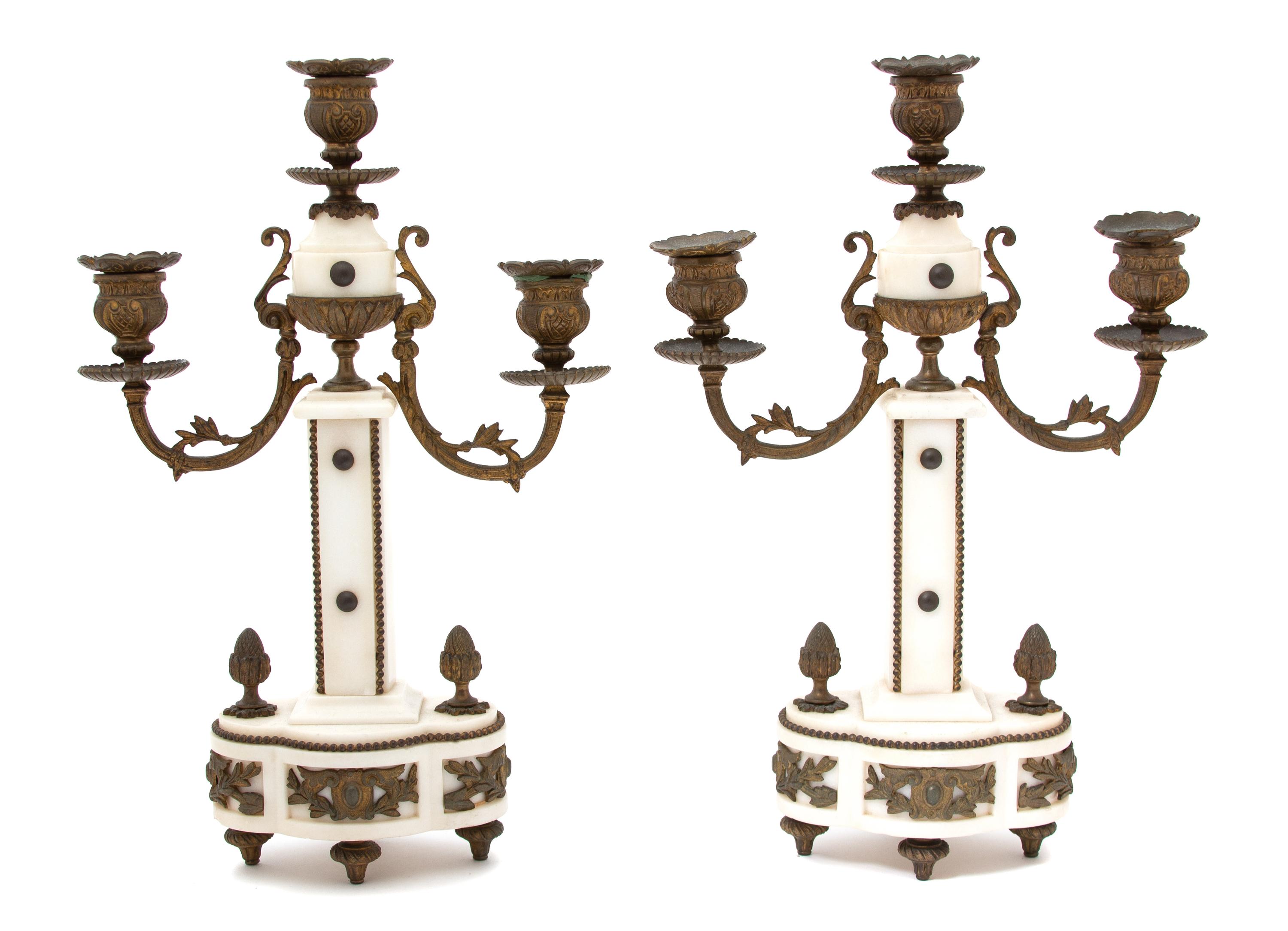 A Pair of Louis XVI Style Gilt Bronze Mounted White Marble Candelabra Height 15 x width 10 x depth 4 inches. — 19TH CENTURY