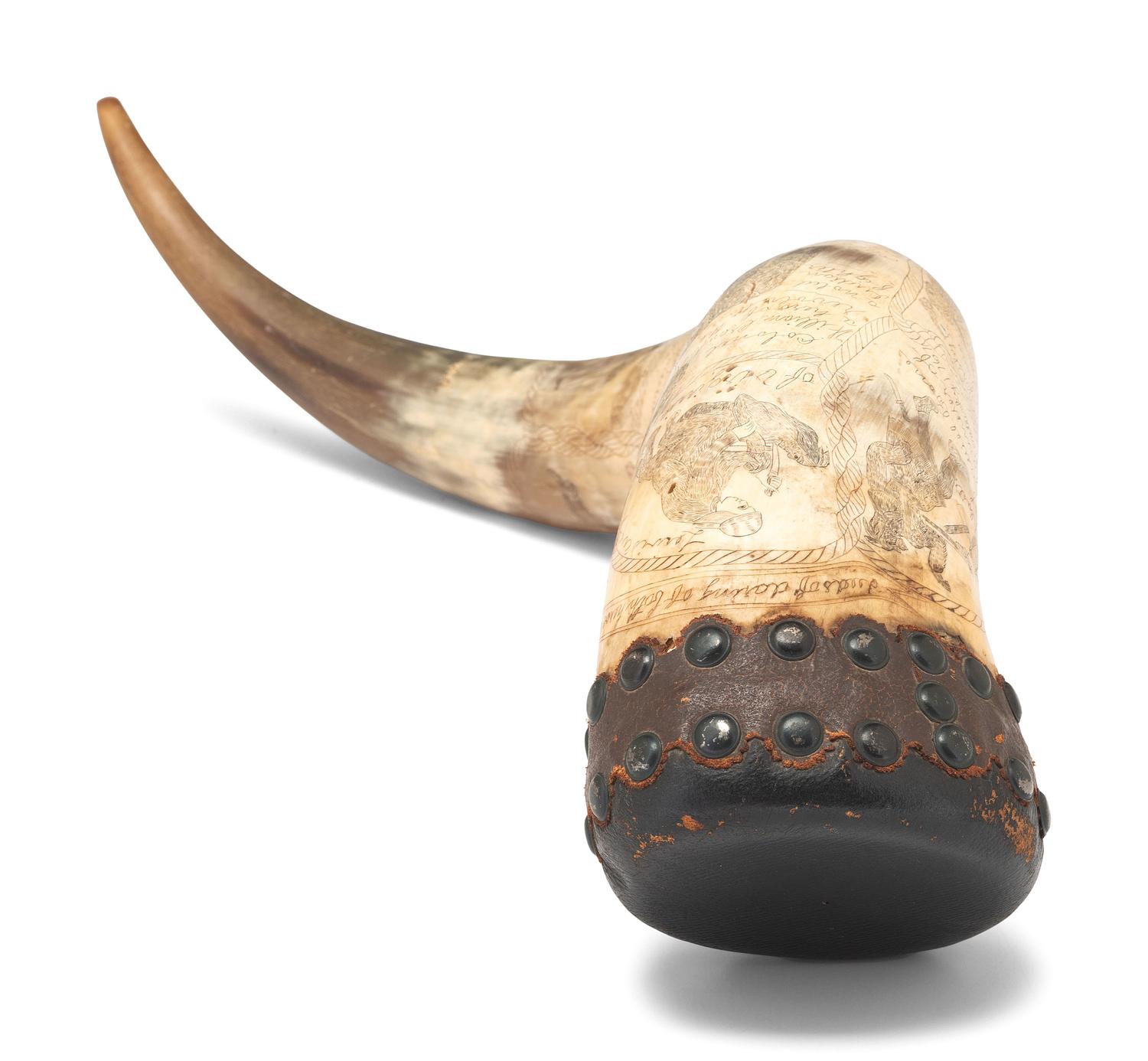 [OHIO VALLEY - 19TH CENTURY]. Decorative scrimshawed "story horn" depicting the " deeds of daring of both heroe and heroein of the 18th century in paveing the way to civilization ," including Daniel Boone, Simon Kenton, and Colonel William.