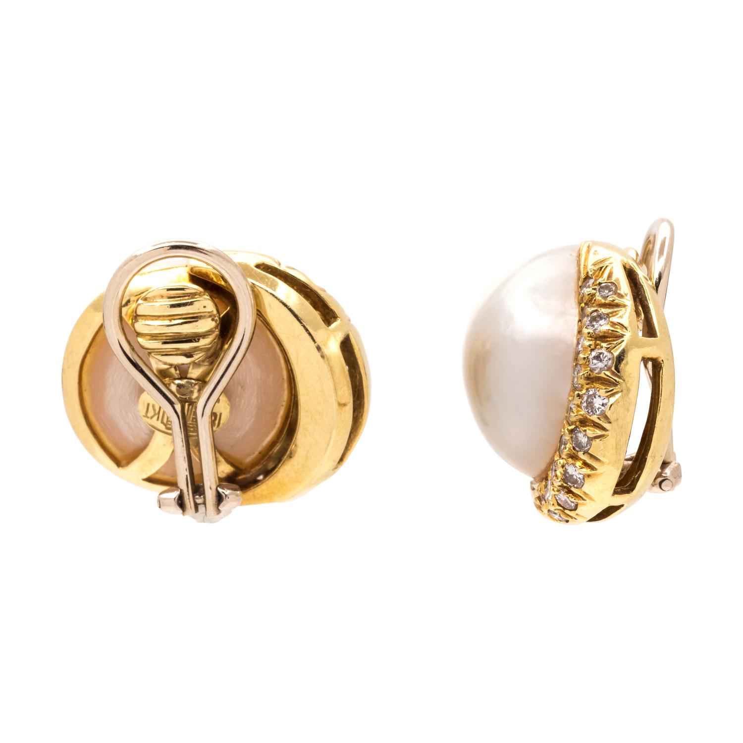 LA TRIOMPHE, CULTURED MABE PEARL AND DIAMOND EARCLIPS