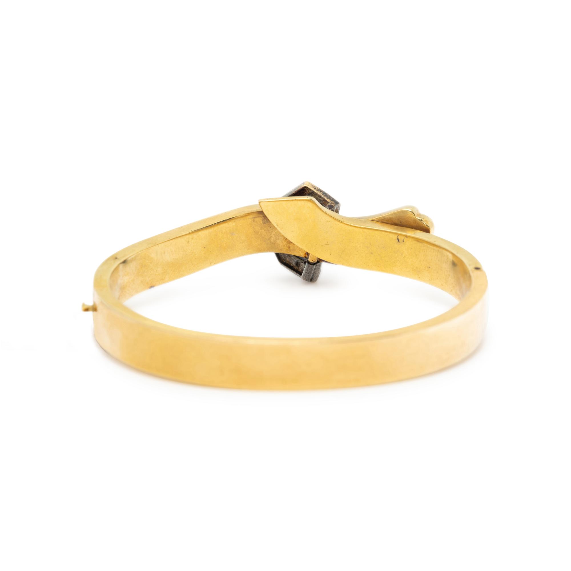 VICTORIAN, DIAMOND, ENAMEL, AND YELLOW GOLD BUCKLE BANGLE BRACELET