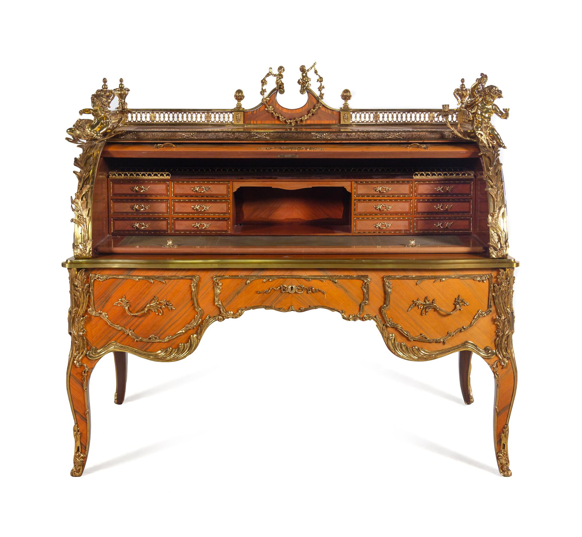 A Louis XV Style Gilt Metal Mounted Marquetry Bureau à Cylindre