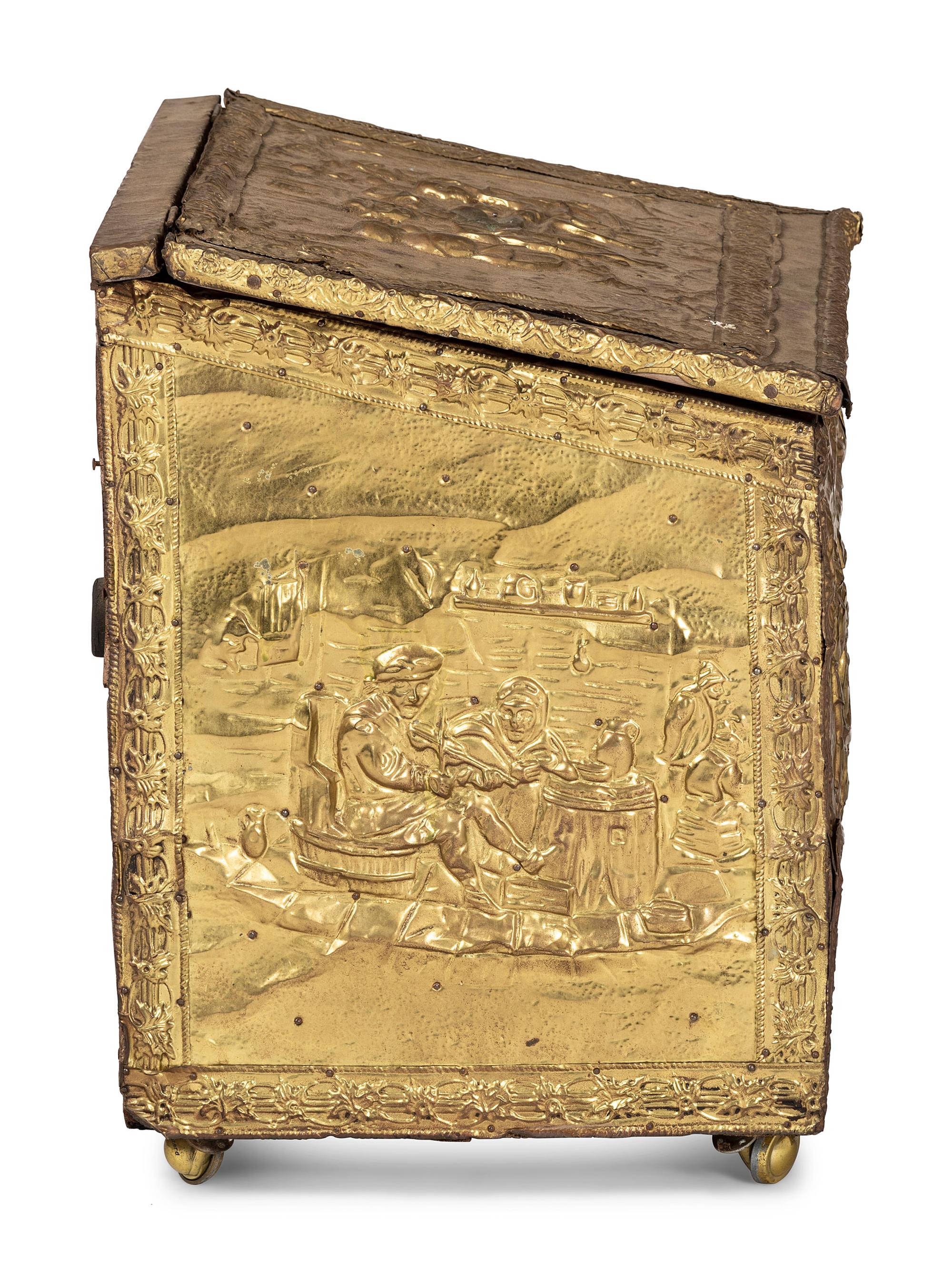 A Neoclassical Hammered Brass Mounted Pine Chest