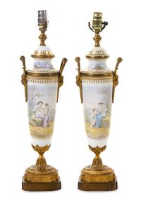 A Pair of Gilt Bronze Mounted Sèvres Style Porcelain Urns