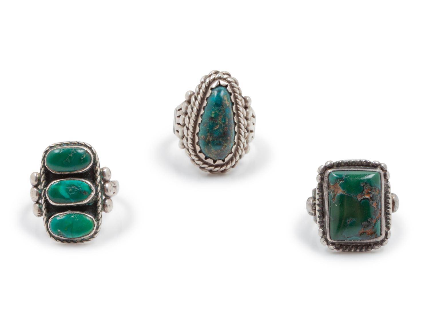 Three Silver and Hardstone Rings