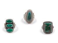 Three Silver and Hardstone Rings