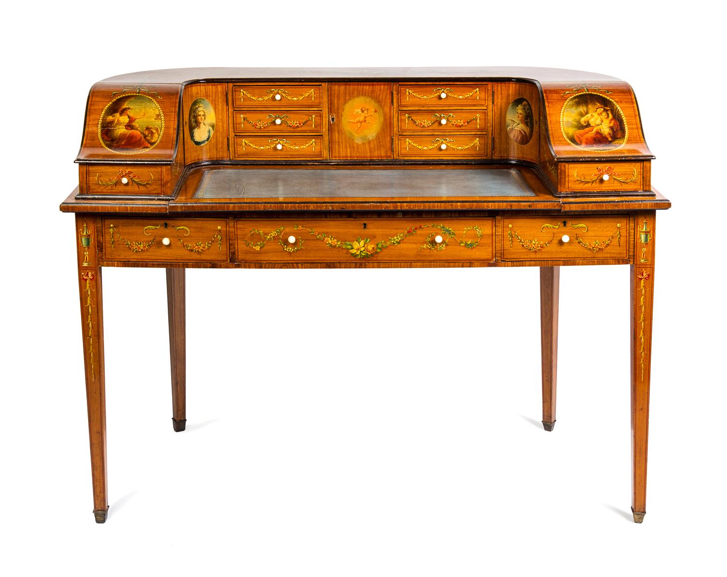 An Edwardian Painted and Inlaid Satinwood Carlton House Desk Height 37 x width 52 x depth 24 inches.