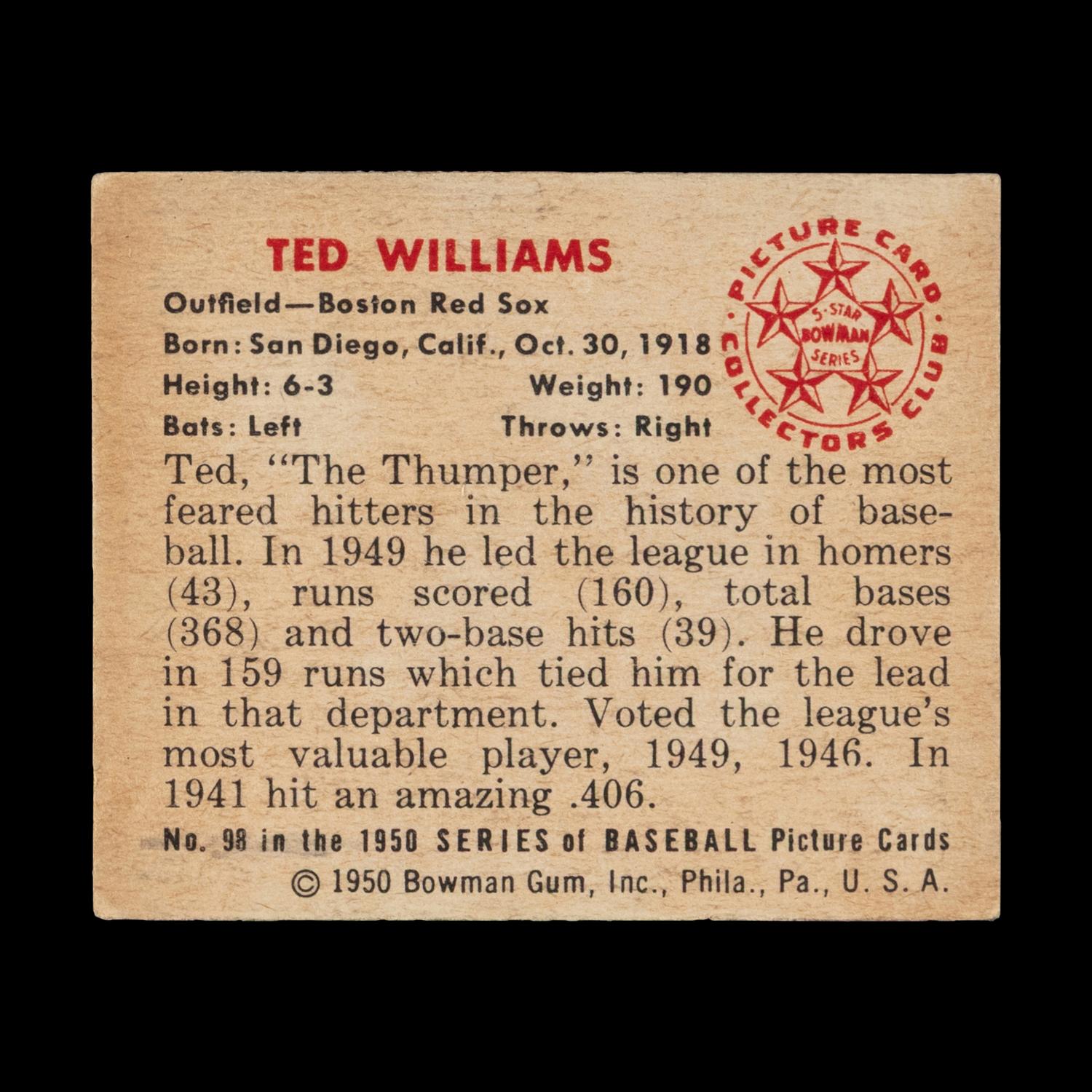 A 1950 Bowman Ted Williams Baseball Card No. 98