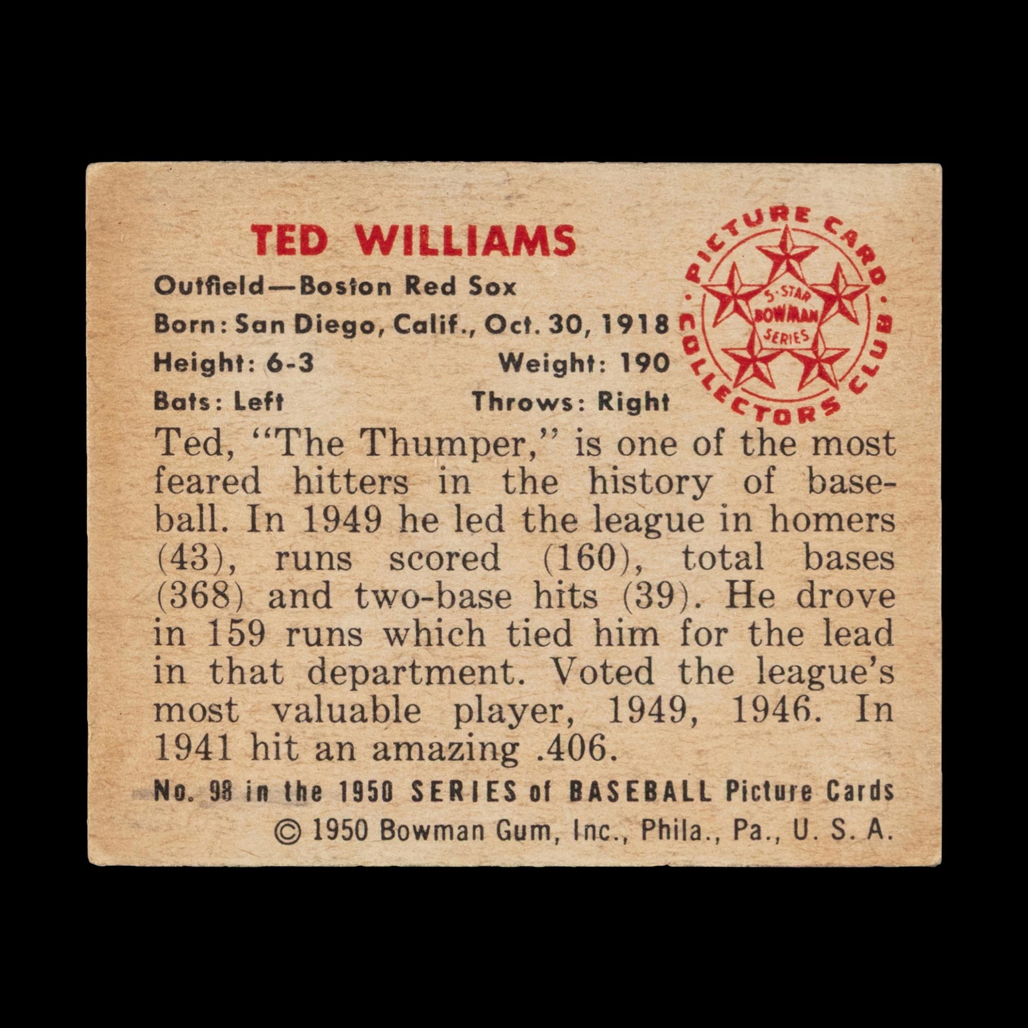A 1950 Bowman Ted Williams Baseball Card No. 98