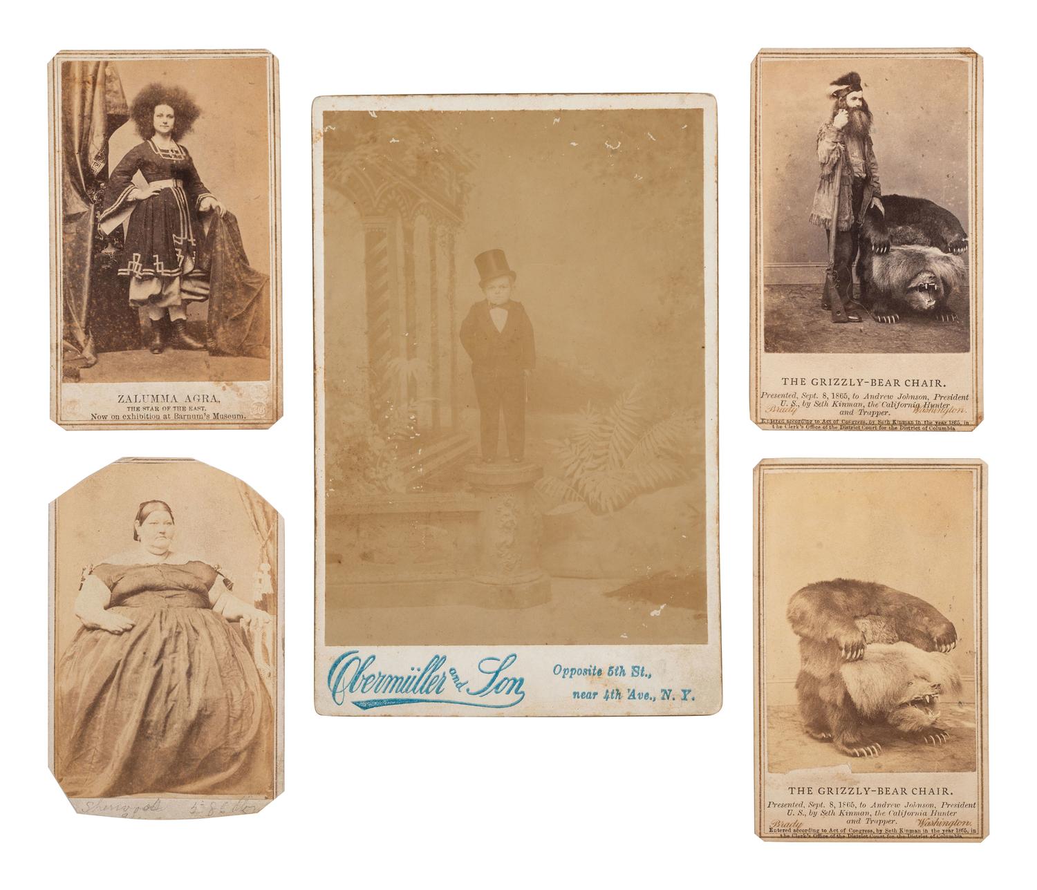 [EARLY PHOTOGRAPHY]. 5 images, incl. Seth Kinman & his "Grizzly-Bear Chair" and circus performers.