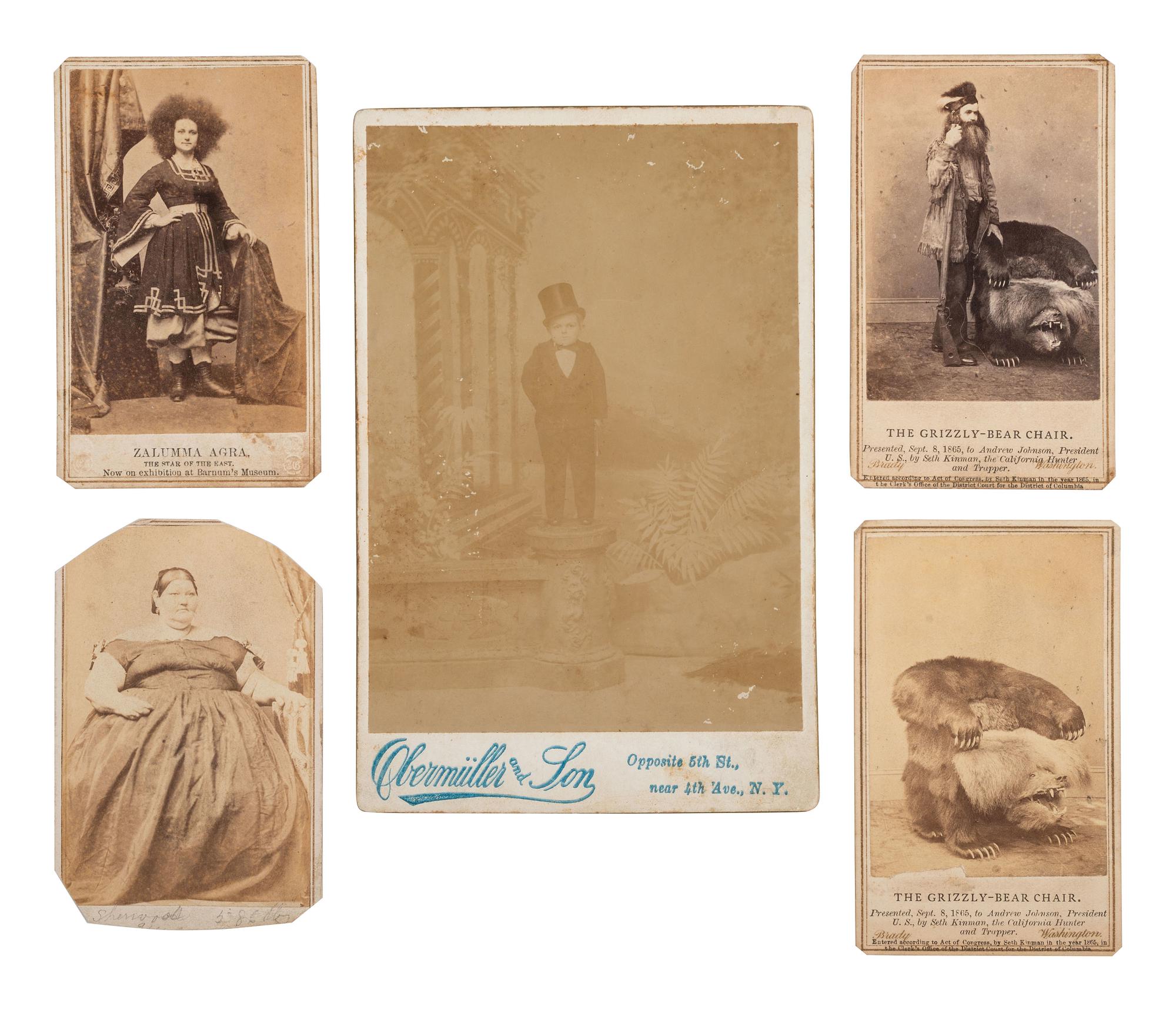 [EARLY PHOTOGRAPHY]. 5 images, incl. Seth Kinman & his "Grizzly-Bear Chair" and circus performers.