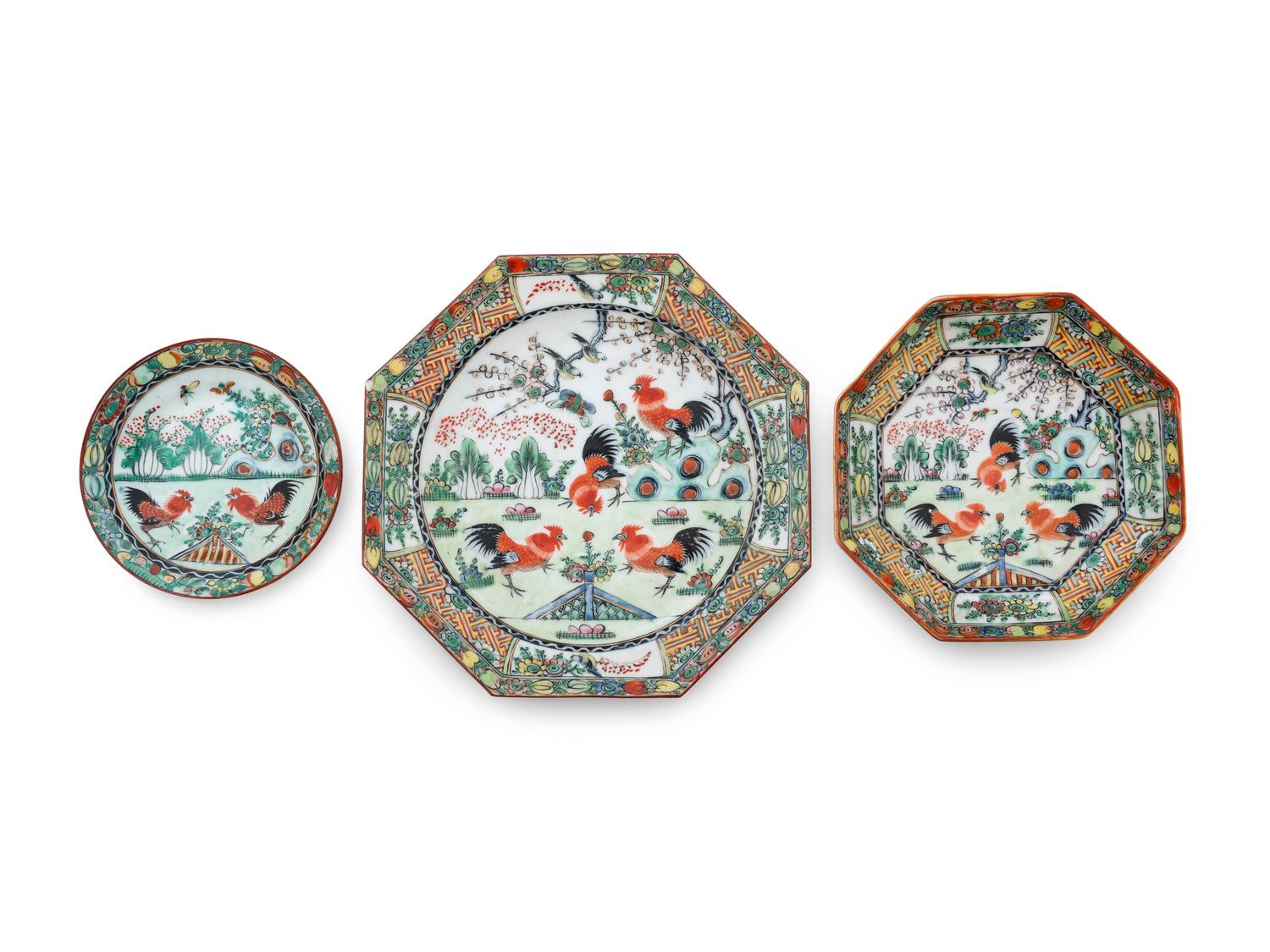 A Partial Set of Chinese Export Famille Rose Porcelain 'Rooster' Dinner Service