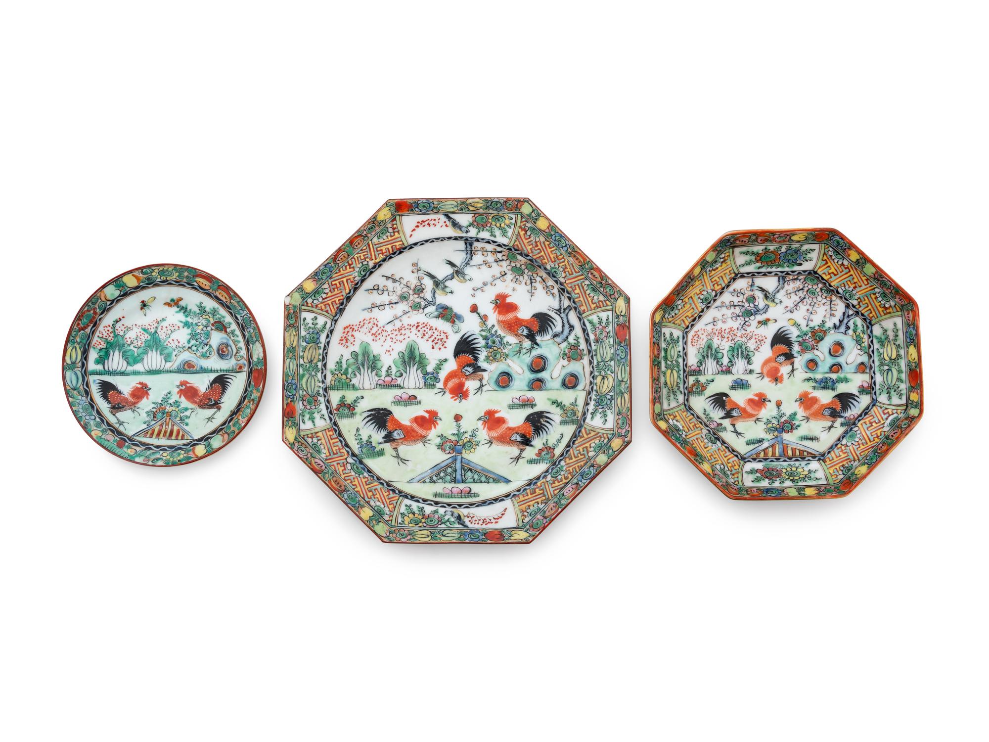 A Partial Set of Chinese Export Famille Rose Porcelain 'Rooster' Dinner Service