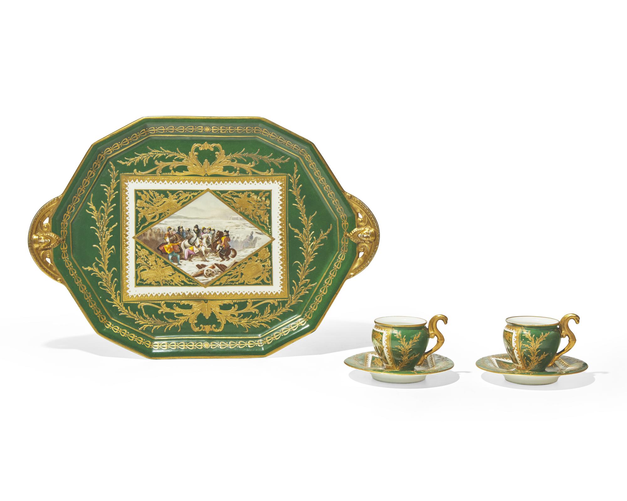 A Sèvres style Napoleonic gilt and enamel-decorated part dejeuner, bearing pseudo imperial marks, late 19th century