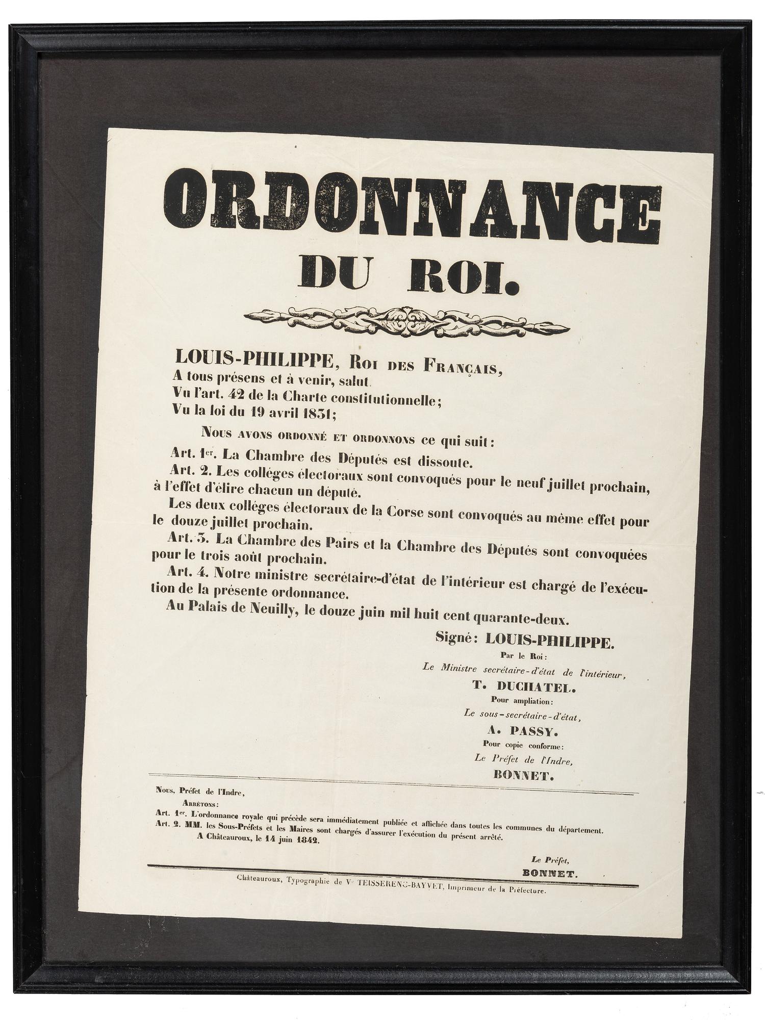 [FRANCE]. LOUIS-PHILIPPE, King of France (1773-1850). Ordonnance du Roi. Châteauroux, France: Typographie de ve Teisserenc-Bayvet, 14 June 1842.