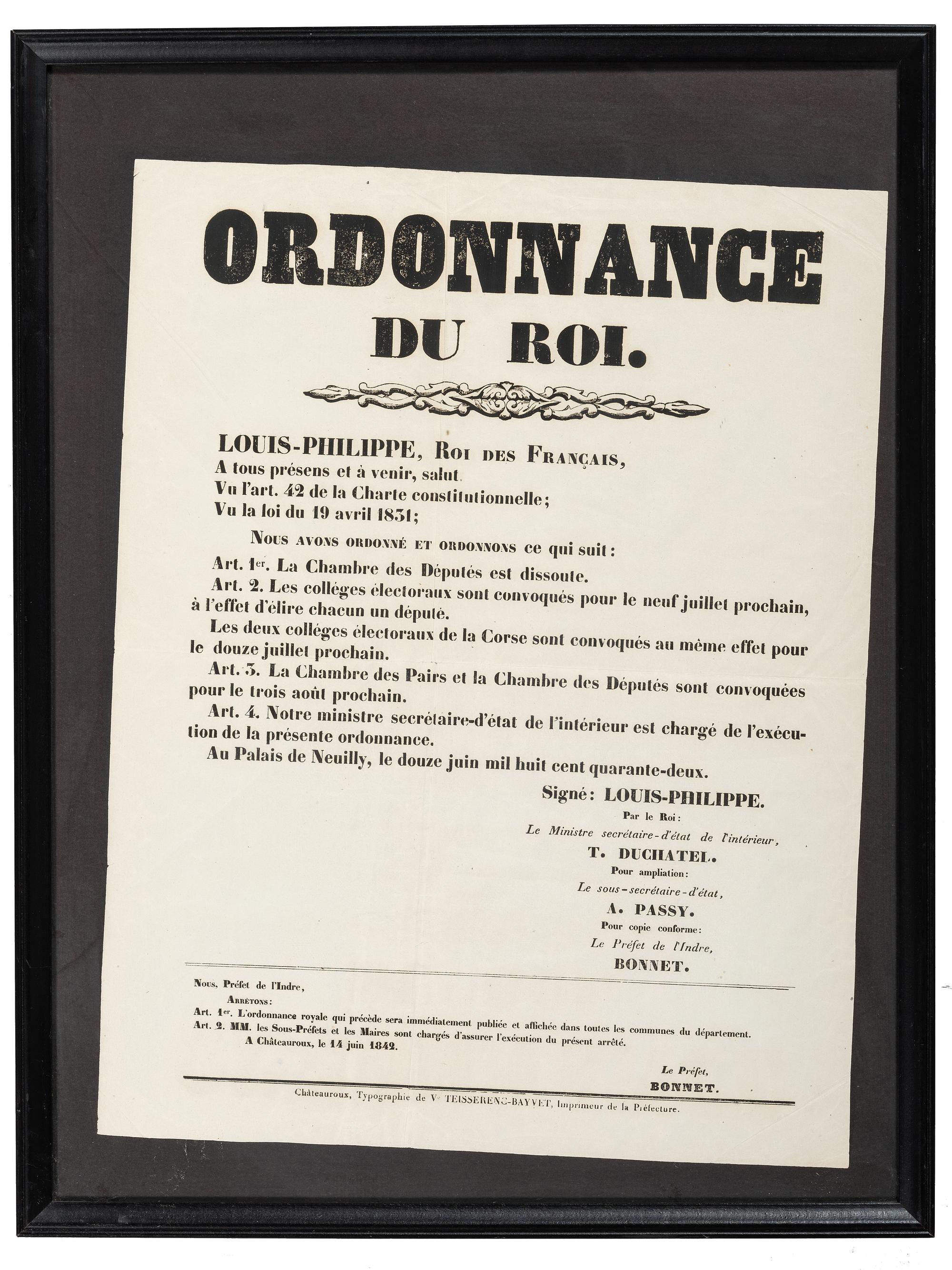 [FRANCE]. LOUIS-PHILIPPE, King of France (1773-1850). Ordonnance du Roi. Châteauroux, France: Typographie de ve Teisserenc-Bayvet, 14 June 1842.