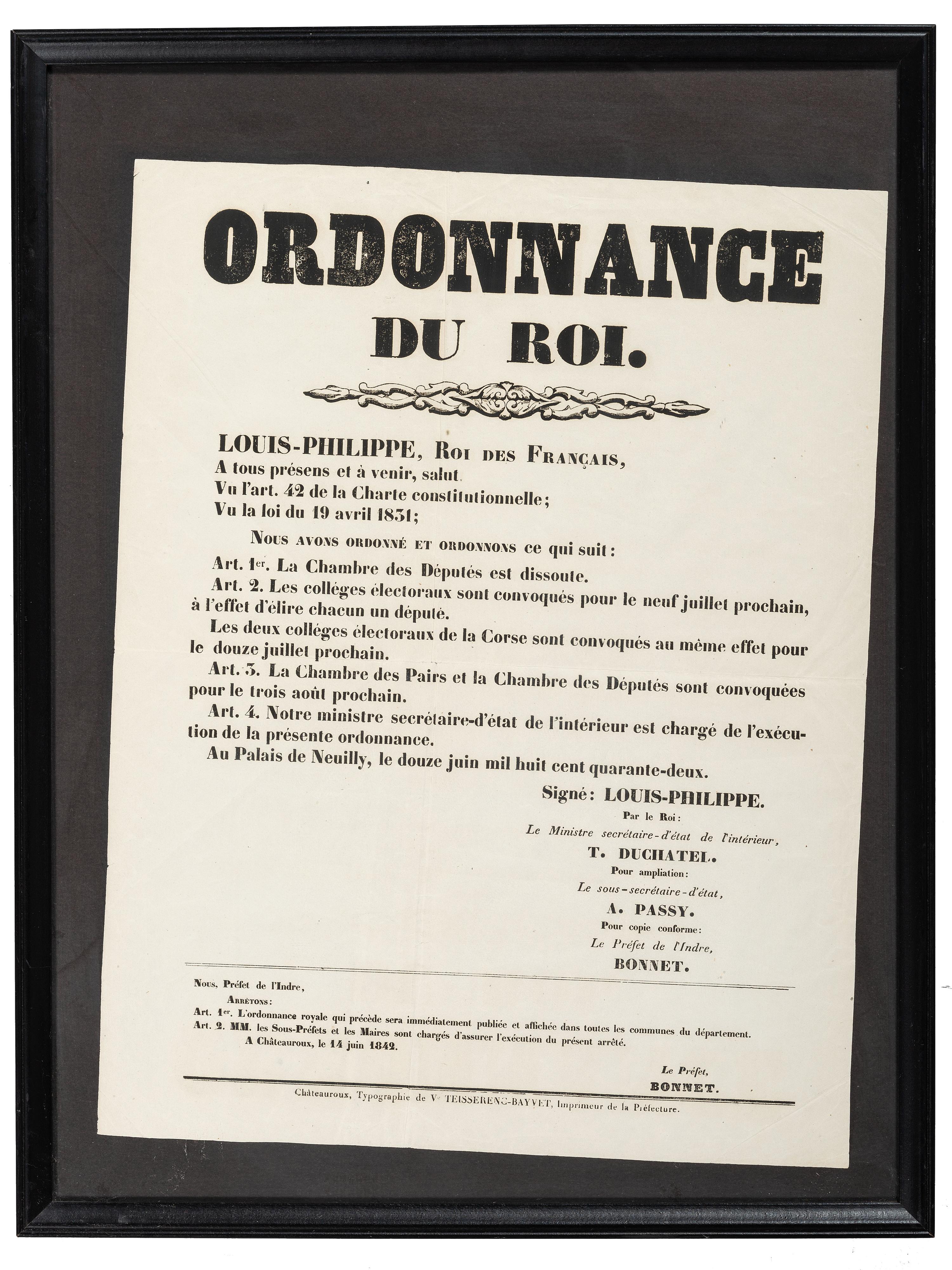 [FRANCE]. LOUIS-PHILIPPE, King of France (1773-1850). Ordonnance du Roi. Châteauroux, France: Typographie de ve Teisserenc-Bayvet, 14 June 1842.