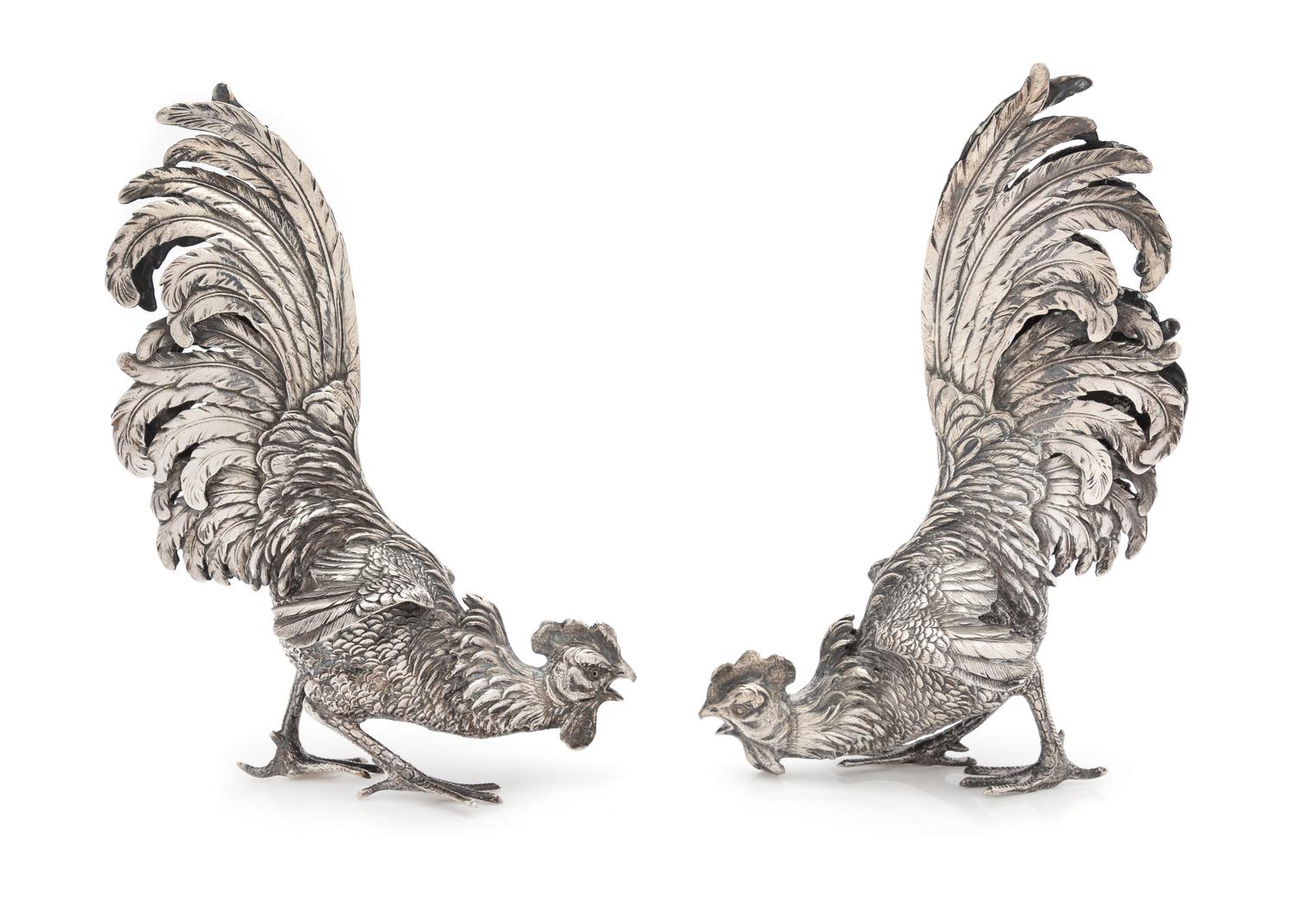 A Pair of German Zoomorphic Table Articles, J.L. Schlingloff, Hanau, Late 19th/Early 20th Century, each in the form of a gamecock.