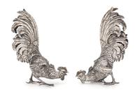 A Pair of German Zoomorphic Table Articles, J.L. Schlingloff, Hanau, Late 19th/Early 20th Century, each in the form of a gamecock.