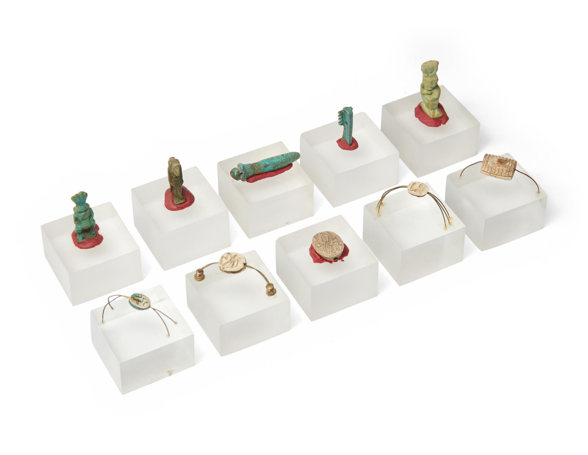 A Group of 10 Egyptian Faience Amulets and Scarabs