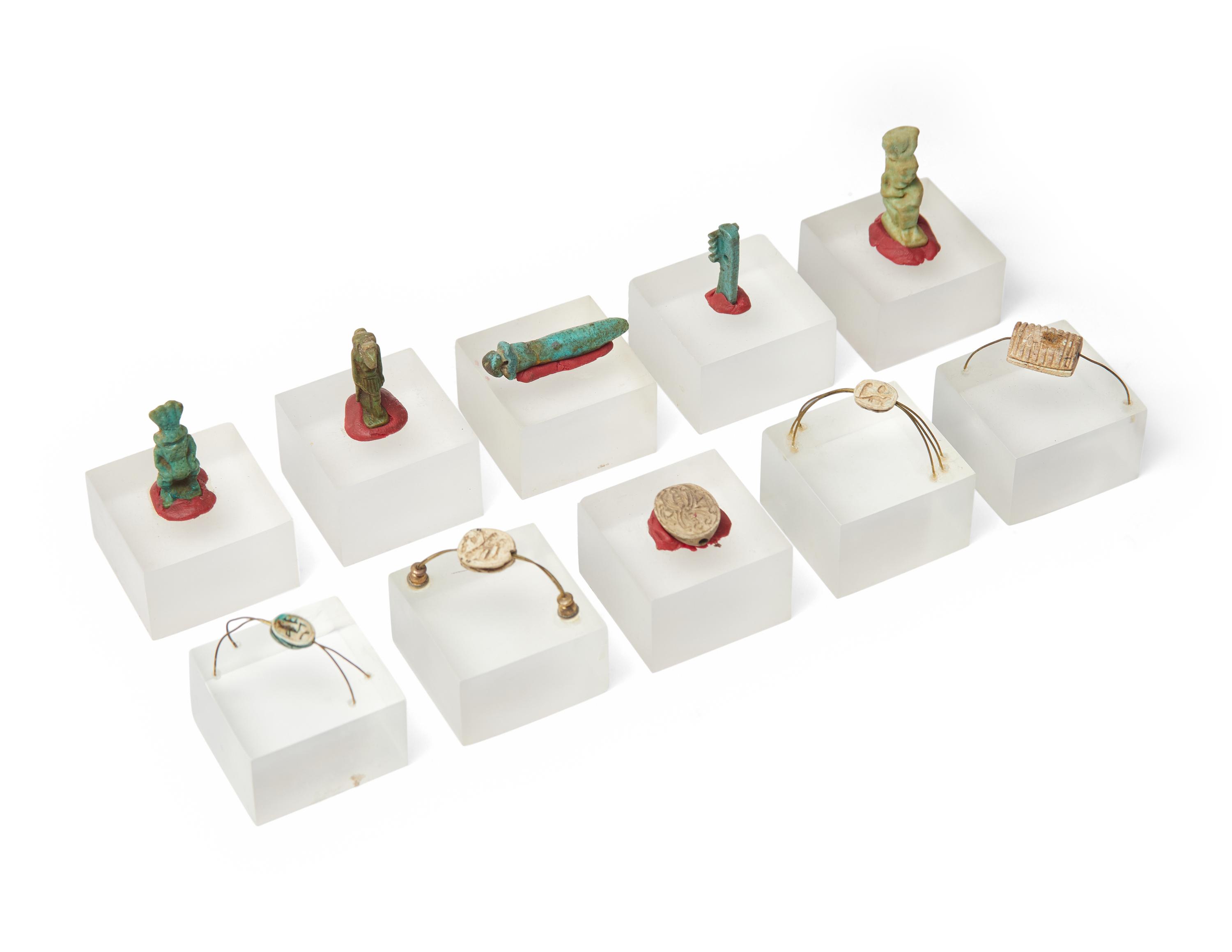 A Group of 10 Egyptian Faience Amulets and Scarabs