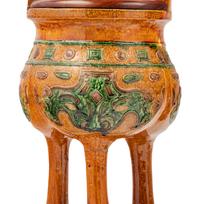 A Pair of Chinese Sancai Glazed Porcelain Tripod Ding Vessels