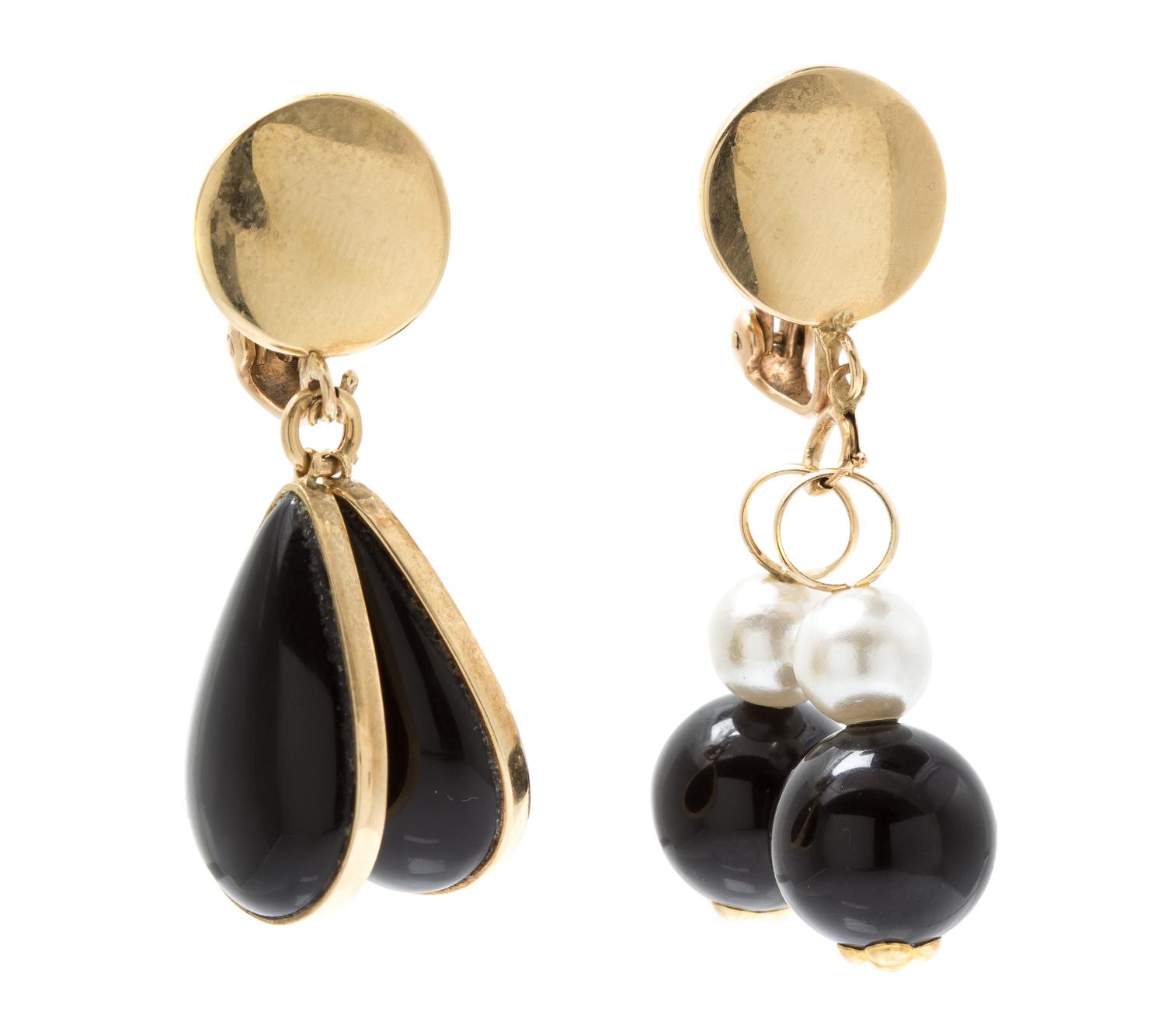 A Collection of Yellow Gold, Diamond, Onyx and Cultured Pearl Interchangeable Pendant Earclips, 22.30 dwts.