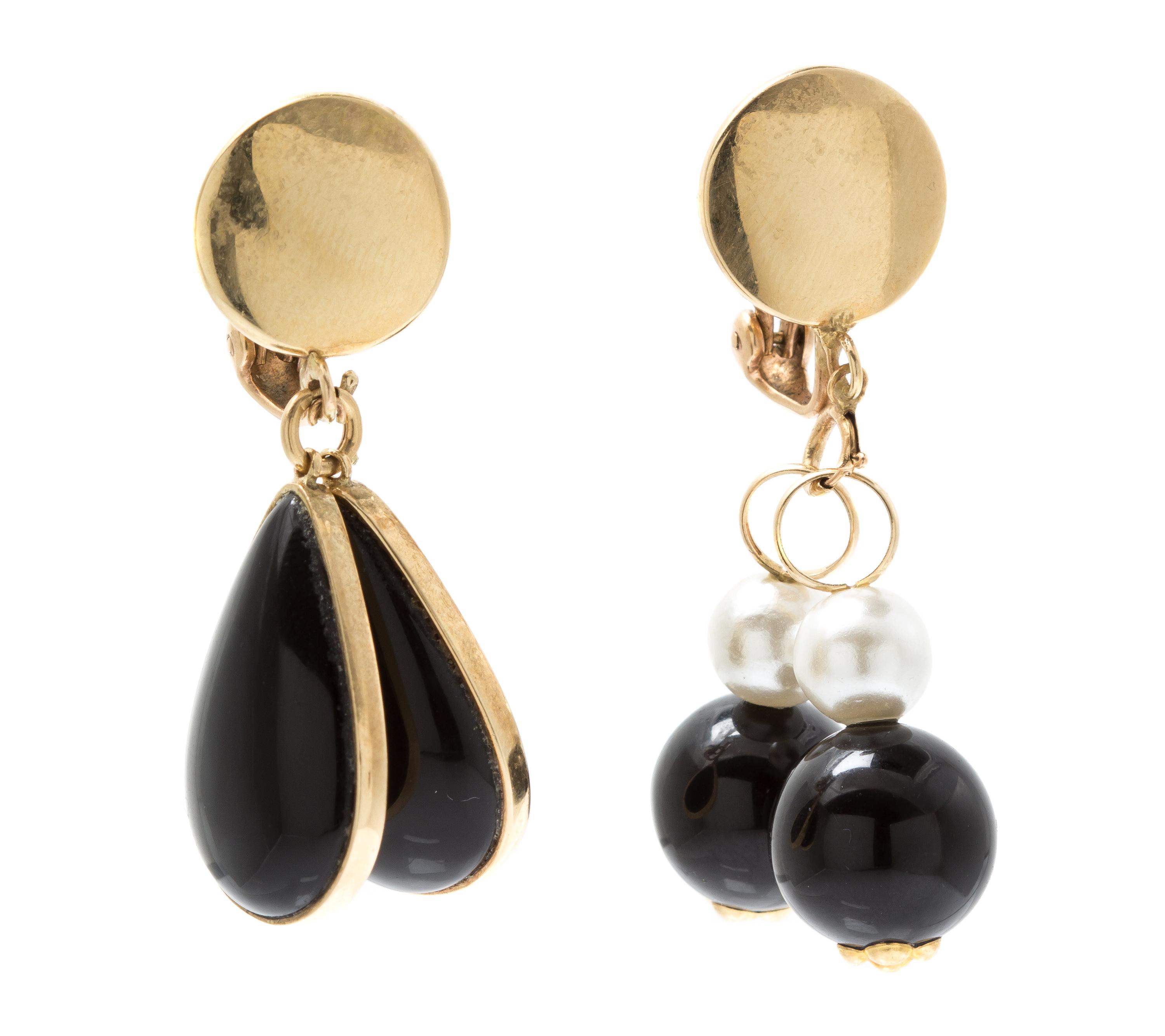 A Collection of Yellow Gold, Diamond, Onyx and Cultured Pearl Interchangeable Pendant Earclips, 22.30 dwts.