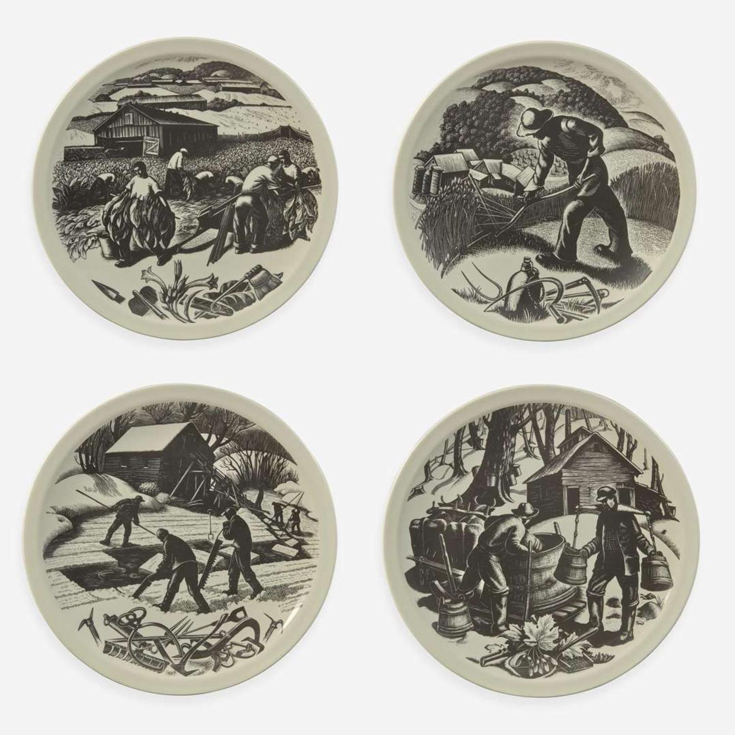 A Set of Twelve Wedgwood Queensware "New England Industries" Plates UK, 1950s