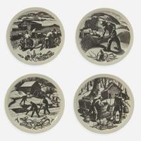 A Set of Twelve Wedgwood Queensware "New England Industries" Plates UK, 1950s