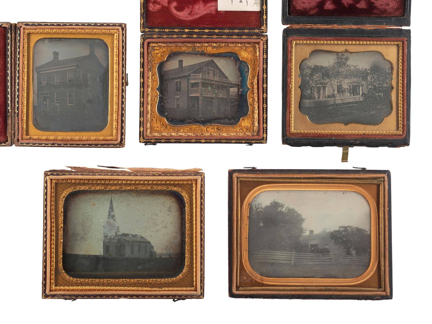 [EARLY PHOTOGRAPHY]. A group of 5 outdoor daguerreotypes featuring buildings, including:
