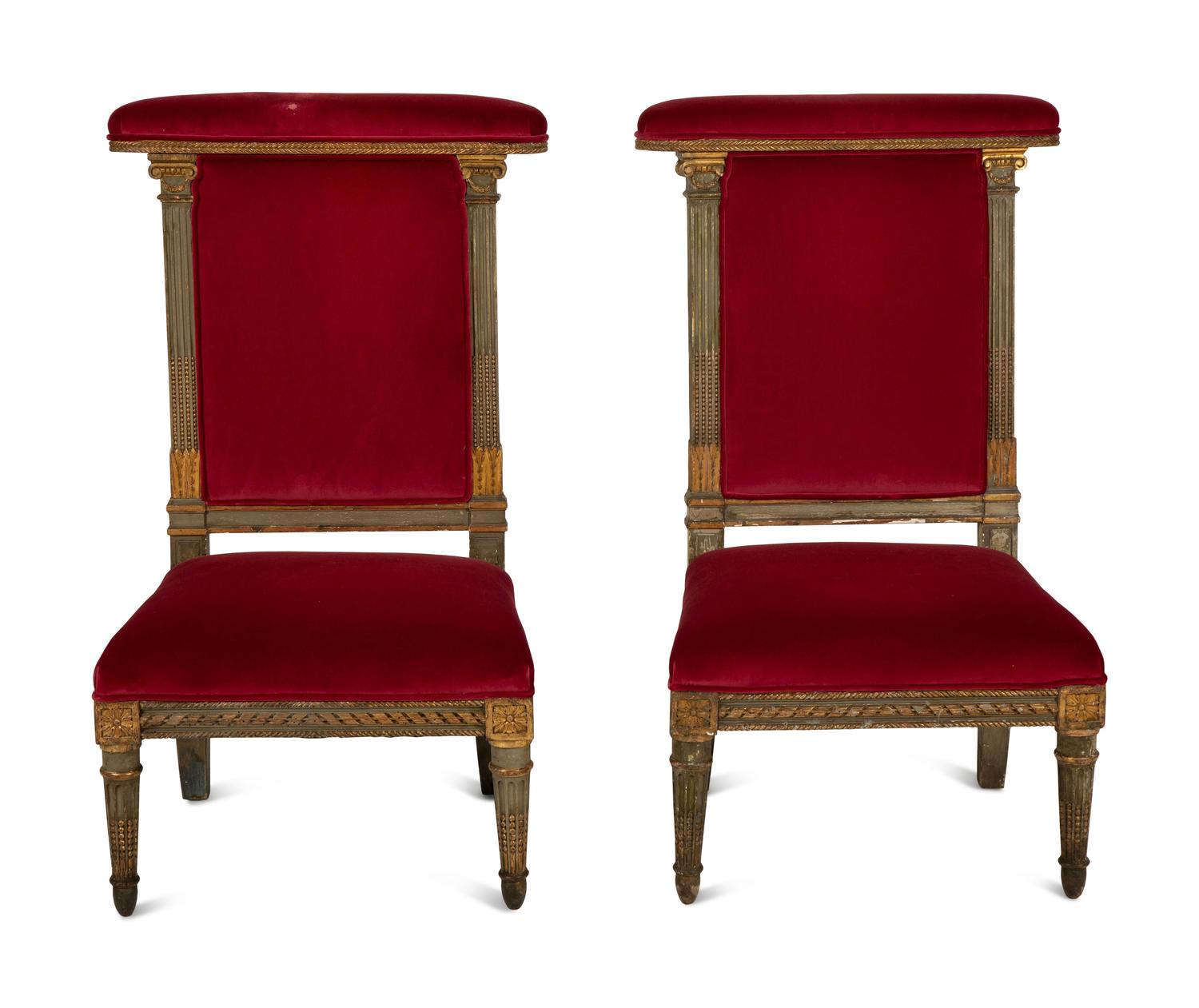 A Pair of Louis XVI Style Painted and Parcel Gilt Chauffeuses