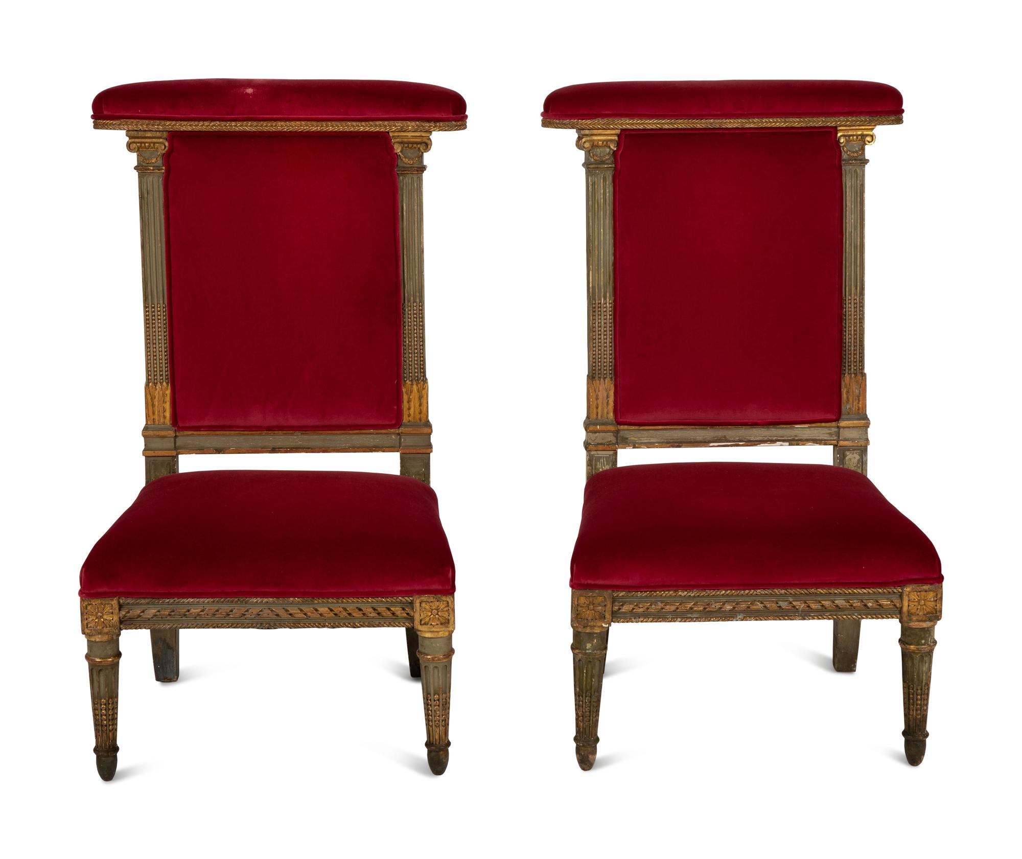 A Pair of Louis XVI Style Painted and Parcel Gilt Chauffeuses