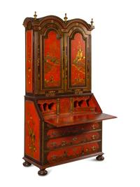 A George I Style Red, Gilt and Polychrome Japanned Bureau Cabinet